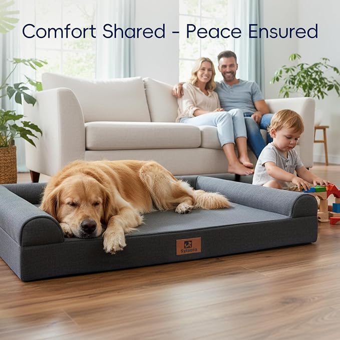 Sytopia Indestructible Chew Proof Orthopedic Sofa Dog Bed for Extra Large Dogs 42x30 Inch, XL Waterproof Foam Pet Couch Bed with Sides, Egg Crate Foam Dog Bed with Washable Removable Cover, Dark Grey