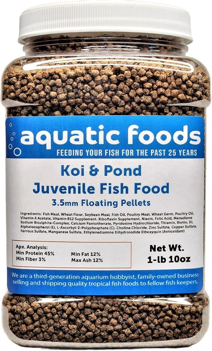 Koi and Pond Juvenile Fish Pellet Food, 45% Protein 3.5mm Floating Pond Pellets…1-lb 10oz Jar