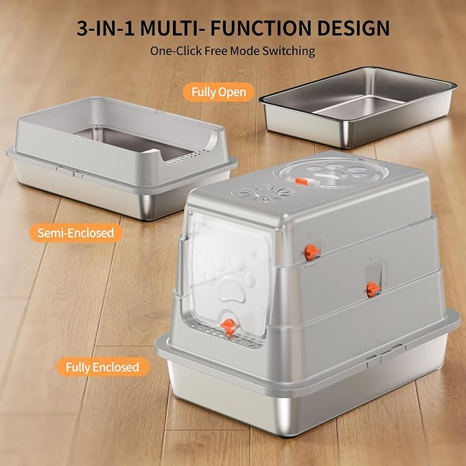 Stainless Steel Cat Litter Box with Lid, Small Enclosed Metal Litter Pan with High Sides, Full Flip Cover Litter Box for Kittens, Include Scoop & Step, Leak Proof Easy Clean Odor Control, Grey
