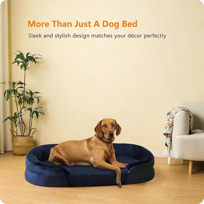 Dwanton Orthopedic Dog Bed for Extra Large Dogs with Gel Memory Foam, Waterproof Dog Sofa, Washable Pet Bed with Four Sided Bolster Cushion, Removable Cover & Non-Slip Bottom, 45", Navy Blue