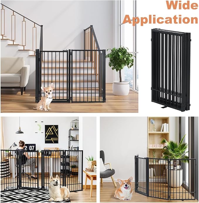 SMONTER Freestanding Dog Gate with Door Walk Through, 80.5'' Extra Wide Indoor Dog Fence, 31.5'' Height 4 Panels Foldable Metal Pet Puppy Gate for Stairs, Hallways, Doorway