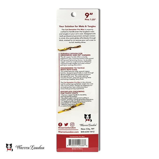 Warren London Cat DeMatter Pro Max | 9" Copper Grooming Comb for Cats | Detangles Mats, Knots & Loose Fur – Gentle, No-Pull Design for Long, Thick, or Tangled Coats | Professional Cat Grooming Tool