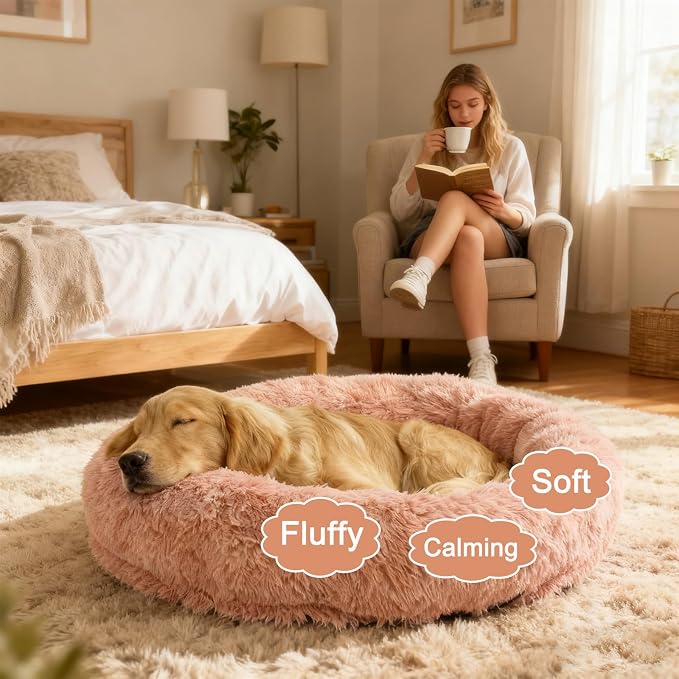 Calming Dog & Cat Beds with Orthopedic Egg-Crate Foam Raised Rim, Soft Long Plush Pet Sofa Couch Bed for Medium Dogs, Anxiety Relief Spine Support, Machine Washable (Round, Blush Pink 28")