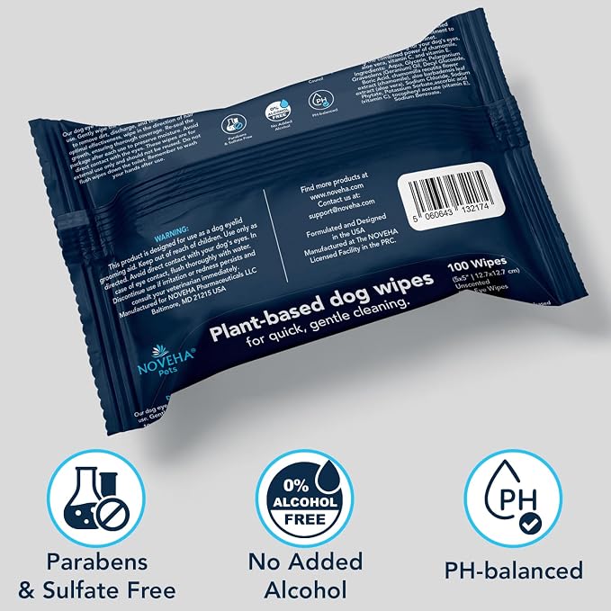 NOVEHA 100PCs Dog Eye Wipes - Tear Stain Remover for Dogs - Formulated with Chamomile and Aloe to Remove Eye Debris, Tear Stains & Eye Discharge - Plant Based, Safe, and Large 5"x5" Unscented Wipes