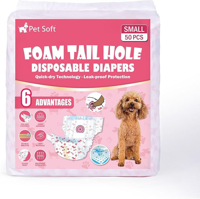 Pet Soft Disposable Dog Diapers - Female Dog Diapers with Adjustable Foam Tail Hole, Ultra Protection Puppy & Cat Diapers Wetness Indicator for Dogs in Heat or Incontinence, 50pcs (S,Red)