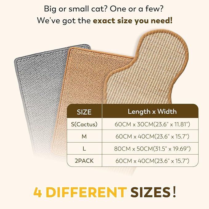 Sisal Cat Scratcher Mat with Sticky Tapes, 23.6" x 11.8" Cat Scratching Carpet for Indoor Cats, Horizontal Cat Scratcher for Cat House, Scratching Posts, and Couch Protection(Cactus)