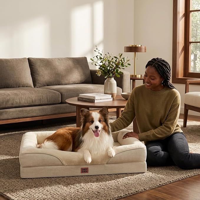 EHEYCIGA Orthopedic Dog Bed for Large Sized Dog, 36x27 Inch Large Memory Foam Dog Couch Bed with Sides, Waterproof Liner & Washable Removable Cover, Bolster Pet Sofa, Beige