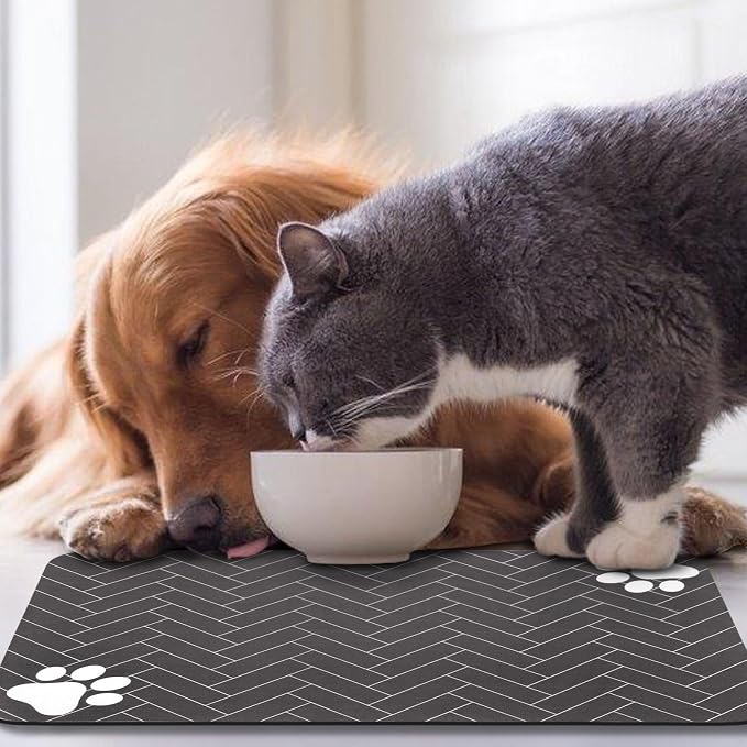 Dog Food Mats,Cat Absorbent Water Bowl Feeding Mats Pet Placemats for Food and Water Gray Wood Grain 12 * 20 inch