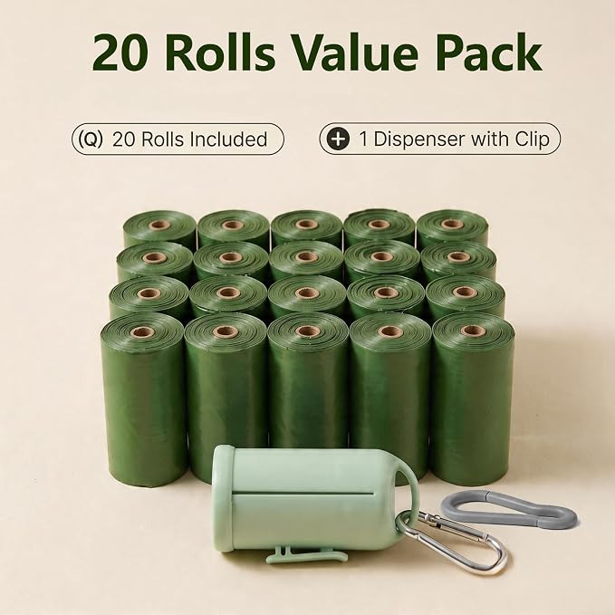 Home Compostable Dog Poop Bags, 20 Microns Extra Thick, 300 Count (20 Rolls) BPI Certified & AS 5810 Plant-Based Pet Waste Bags, 9x13 Leak-Proof Unscented Doggy Bags with Dispenser & 2 Hooks