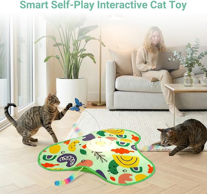 Interactive Cat Toy for Indoor Cats, Rechargeable Touch Activated Kitten Toy with Dual Motion Butterfly & Feather Tail, 3 Speed Automatic Smart Play for Exercise & Boredom Relief
