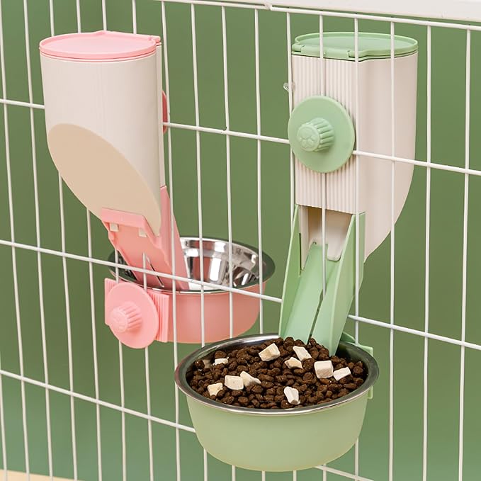 Hanging Automatic Food and Water Dispenser for Rabbit, Guinea Pig, Ferret, Bunny Cage Accessories, Feeder Bottle Combo (Green)