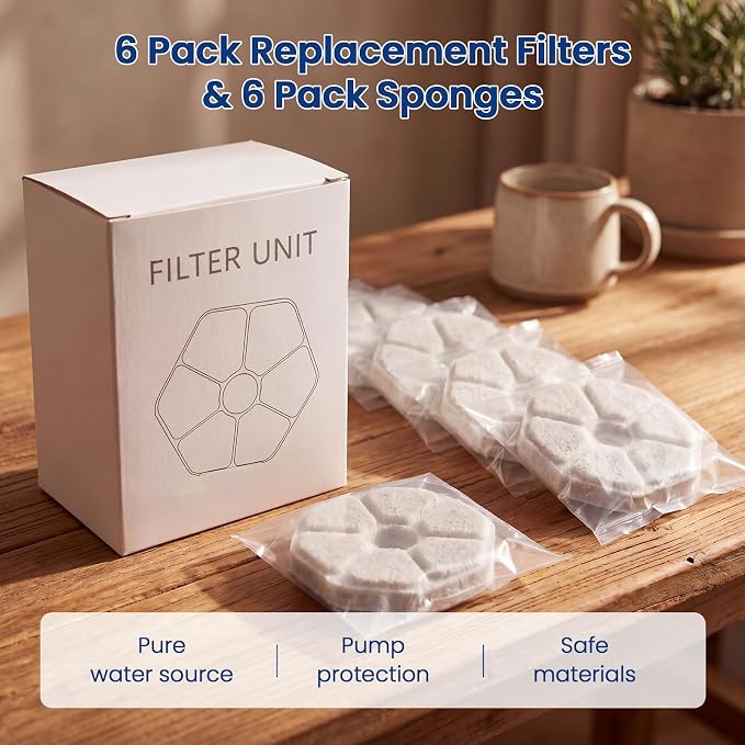 Cat Fountain Replacement Filter, 6 Pack Filters with 6 Pump Sponges for 2.2L/74oz Cat Water Fountain, Multi-Stage Filtration Pet Water Dispenser Filter, Flower Pet Fountain Filter