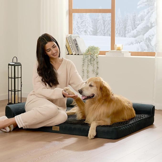 COZY KISS Orthopedic Dog Bed for Large Medium Size Dog, Dogs Crate Bed, L Shaped Foam Anti-Slip Bottom Pet Cat Sofa with Washable Removable Cover, Suitable for Pet Up to 75 lbs, 36x27x6.5 inch, Black