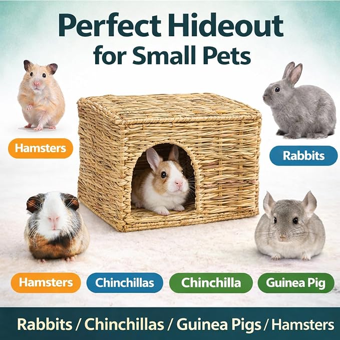 HERCOCCI Extra Large Grass House for Rabbit, Foldable & Comfortable - Small Animal Hut Play Hideaway Bed Hay Mat Chew Toy for Bunny Guinea Pig Hamster Chinchilla (2 Pack)