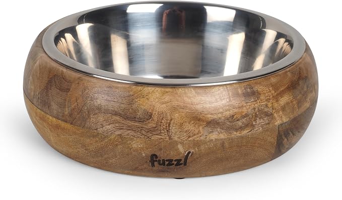 Fuzzl Titan Mango Wood & Stainless Steel Bowl 9.5 Inch Large - Natural Dog Bowl for Indoors and Outdoors with Rubber Base