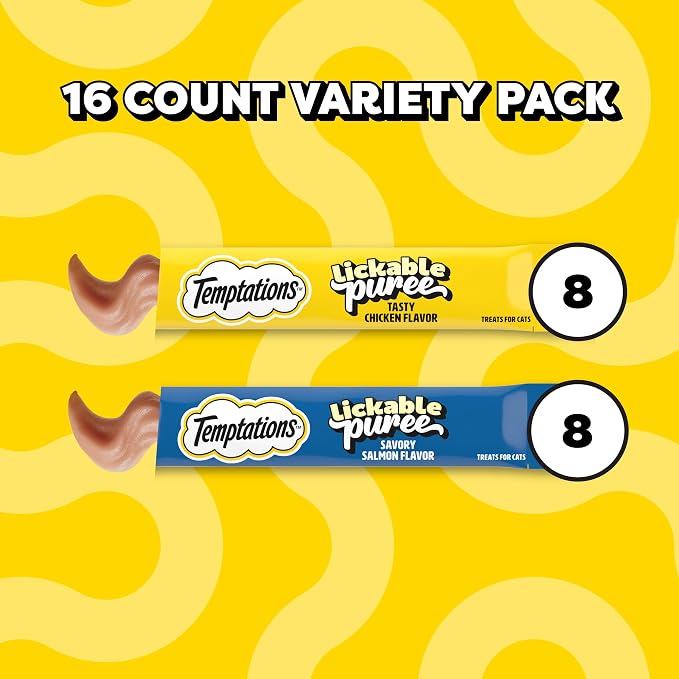 Temptations Creamy Puree Squeezable Lickable Cat Treats, Wet Cat Treats with Salmon and Chicken Variety Pack, 0.42 oz. Tubes, 16 Count