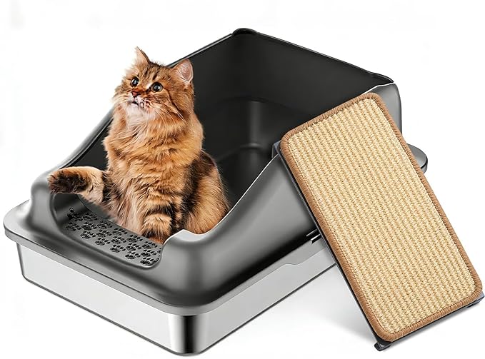 Stainless Steel Cat Litter Box with Natural Sisal Cat Scratching Mat Non-Sticky,Anti-Leakage,Easy Cleaning