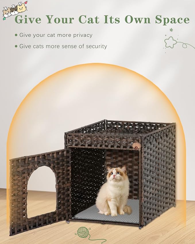 SETVSON Cat Litter Box Enclosure Furniture, Hidden Litter Box with Mat and Fence, Handwoven Rattan Cat House with Two S-Shaped Hooks for Living Room, Bedroom, 18.5 x 20.5 x 19.1 Inches (Brown)