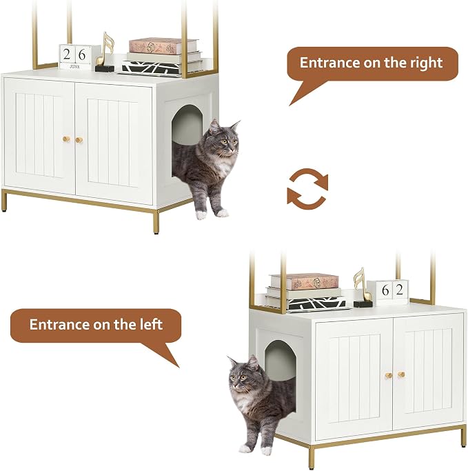 Homhedy Cat Litter Box Enclosure, Litter Box Furniture Hidden with 2-Tier Storage Shelves, Wooden Cat Washroom Furniture with Metal Frame, Modern Style, White and Gold