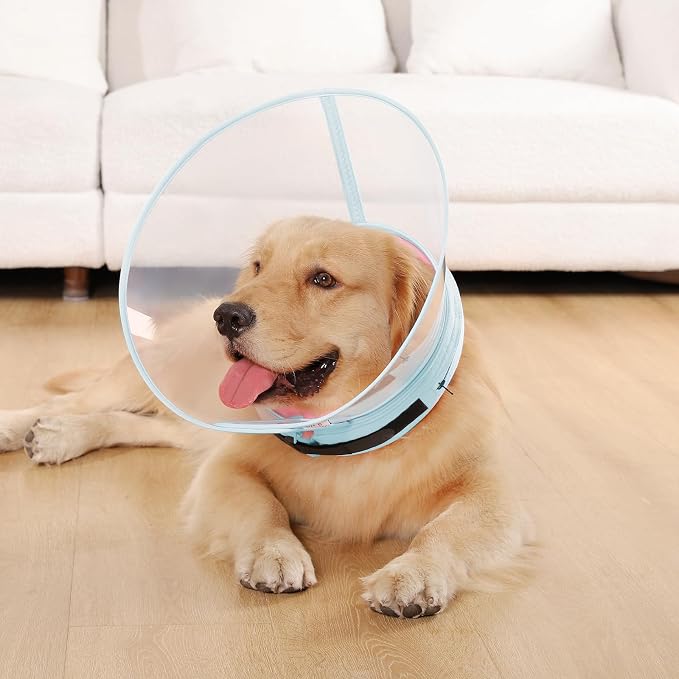 Sponge Core Dog Cone, Inflatable Dog Cone Collar Alternative, Dogs Donut Collar After Surgery, Soft Cone for Large Medium Small Dogs to Stop Licking, No Inflation Required, Clear View(Size 7, Pink)