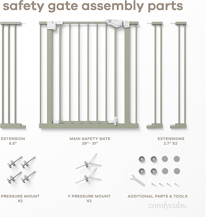 Comfy Cubs Baby Safety Gate with 3 Extensions - Adjustable 42" x 1.9" x 30" Q195 Steel Doorway Barrier - Powder-Coated Finish for Stairs and Doorways - Walk-Through Design Pet Gate - Sage