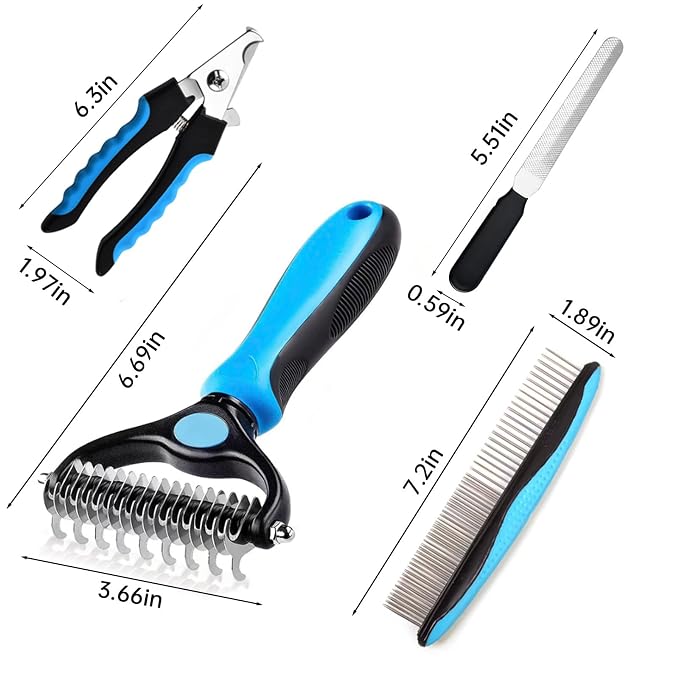 Pet Grooming Kit, double-sided undercoat brush and stainless steel pin comb. Ideal for grooming and removing long & matted hair of cats and dogs. (4-piece set)