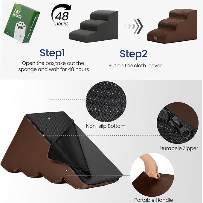 GoGoBunny Waterproof High Density Foam Curved Dog Stairs for High Beds Couches 19.7" H, 4-Step Ramp Dog Steps Friendly to Small Medium Dogs or Pets Joints, Non-Slip Balanced Durable Pet Step, Brown