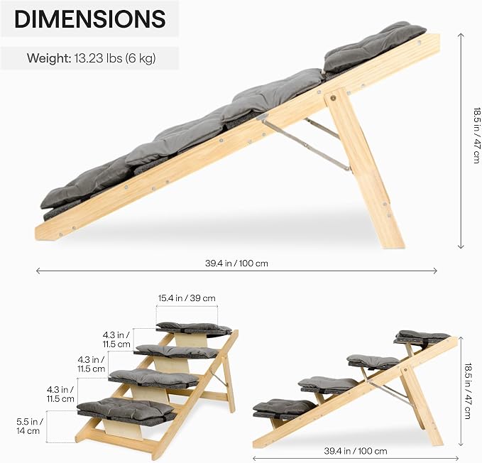 Folding Dog Ramp for Bed and Car - Transforms into Step Dog Stairs for Small, Medium, Large Breeds - Wooden Pet Stairs for Dogs to Get on Bed - Folding Pet Steps for Indoor & Outdoor Use