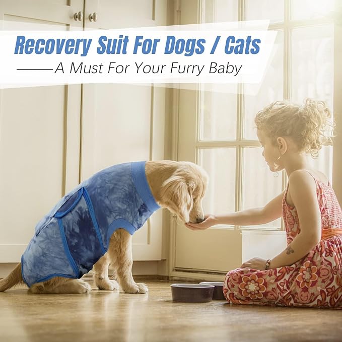 Kuoser Dog Surgery Recovery Suit, Anti Licking Surgical Suit for Dogs Male Neuter, Soft Dog Surgery Suit Female Spay Subsititute E-Collar Cone, Doggie Body Suits After Surgery Blue Tie Dye L