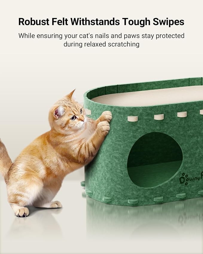DownyPaws Cat House for Indoor Cats, Cat Bed Cave for Multiple & Large Cats Up to 22 Lbs, Scratch Resistant Peekaboo Cat Caves, Foldable Cat Tunnel Enclosed Bed, PeekaPurr, Cream and Forest