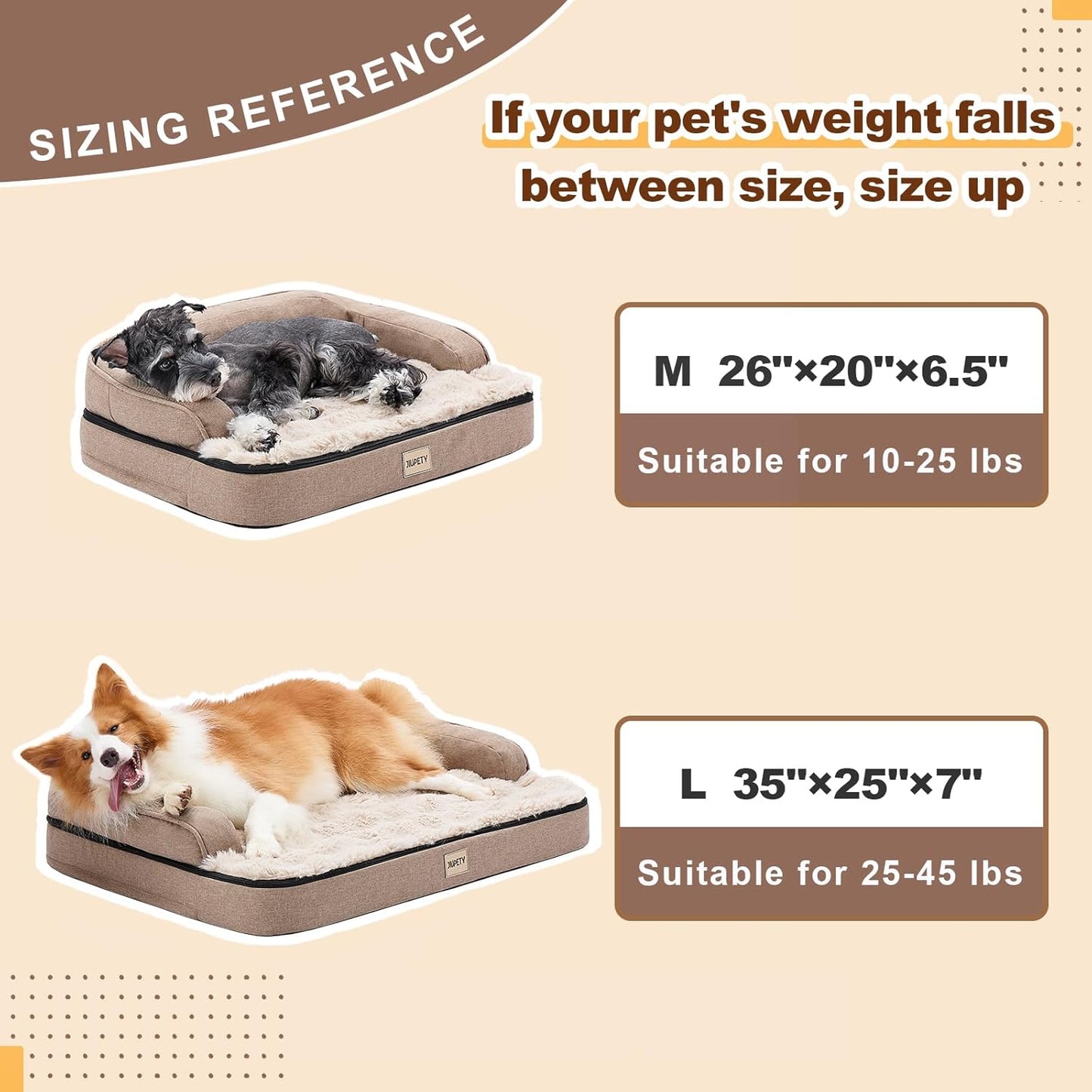 Jiupety Orthopedic Dog Bed for Large Dogs, Egg-Crate Foam Pet Couch Bed, Washable Pet Sofa with Removable Cover, Waterproof Lining and Anti-Slip Bottom, Brown, 35"x25"x7"