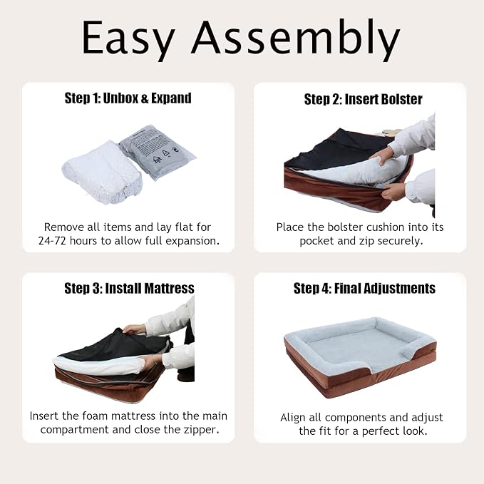 Orthopedic Dog Bed for Extra Large Dogs - Gel Memory Foam Pet Bed with Waterproof & Washable Cover, Contoured Bolster Design for Dogs & Cats (Brown, 44.0" L x 31.5" W x 7.5" Th)