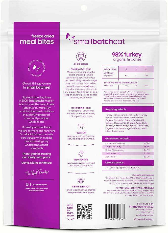 smallbatch Freeze-Dried Raw Cat Food, Shelf Stable Food Bites, Turkey Recipe, High Protein Meal or Topper for Cats, Humanely Raised Meat, Organic, Non-GMO Produce, Made in the USA, 10oz Bag