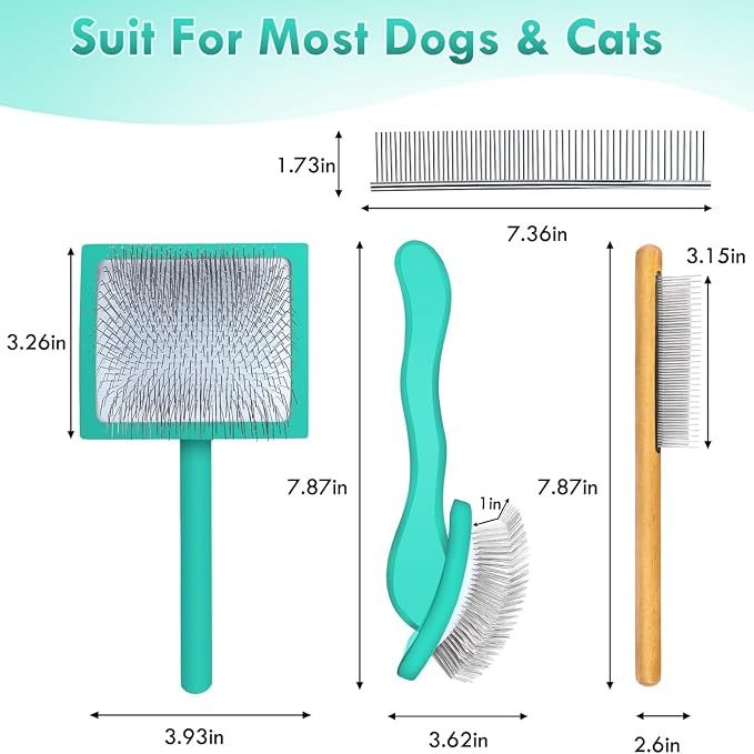 Large Slicker Brush for Dogs - 3-Piece Solid Wood Dog Grooming Kit for Doodles and Poodles - for Wavy, Curly & Matted Hair, Green