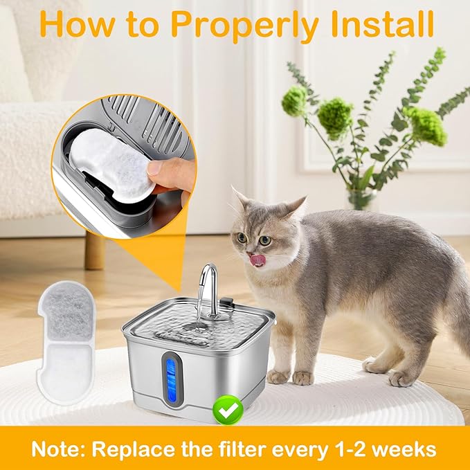 10+10 Pack Replacement Filters Compatible with SEIRMEP 101oz/3L Stainless Steel Cat Water Fountain, Includes 10 Filters & 10 Sponges
