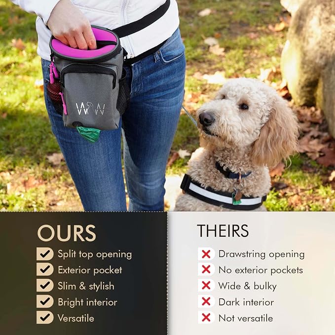 Multipurpose Pro Dog Treat Bag with Neoprene Split Top Dog Training Treat Pouch Bag with Shoulder Strap, Belt and Clip and Exterior Storage Pocket (Raspberry)