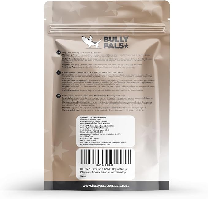 6 inch Thin Bully Sticks for Small Dogs and Puppies (20 Pack) - All Natural, Single Ingredient, Easily Digestible, All Beef Dog Treats and Rawhide Free Dental Chew Bones for Dogs