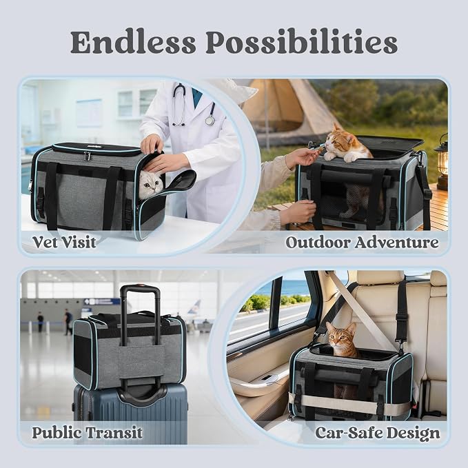 rabbitgoo Cat Carrier Soft, Pet Bag with Rollable Flap for Anxious Kittens, Travel Safe for Car Airline, Collapsible Portable Carrying for Small to Medium Cats, Grey, 17" L x 11" W x 11" H