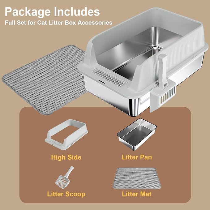 TENTIZON 2 Pack Stainless Steel Cat Litter Box, XL Large Metal Kitty Litterbox with High Side Lids, Litter Mat, Scooper for Big Cats, Multi Cats, No Odor, No Mess, Leak Proof, Easy Clean, Non Stick