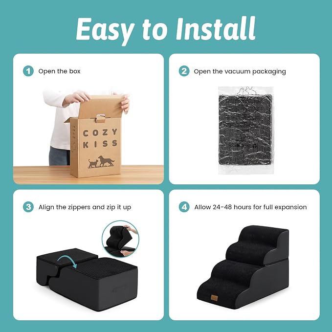 COZY KISS Detachable Curved Dog Stairs 19.7" H, 4 Step Small Dog Step for Puppy or Older Cat, Ramp for Bed, Sofa, Couch or Chair, Ladder with High Density Foam, 17.7x28.3x19.7 inch, Black