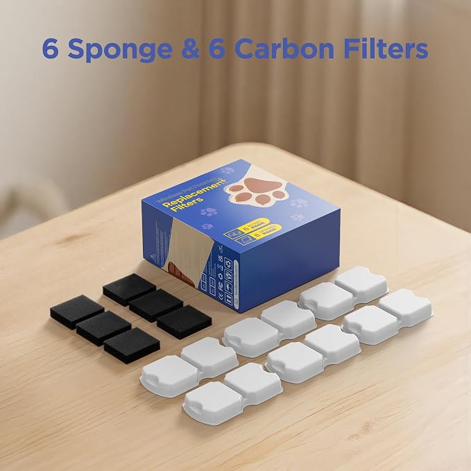 IHOUONE Official Cat Fountain Filter: 6 Carbon Filters & 6 Foam Filters | 12pcs Cat Water Fountain Filter Replacement - Suitable for IHOUONE Stainless Steel pet Fountains