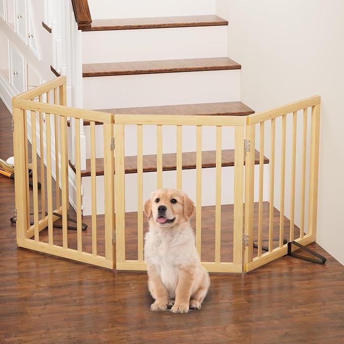 Dog Gate, Freestanding Dog Gates for Doorways, Indoor,Foldable Pet Gates for Doorways Bedroom, Puppy Gate with Metal Support Feet, Room Dividerr 4 Panels (Natural)