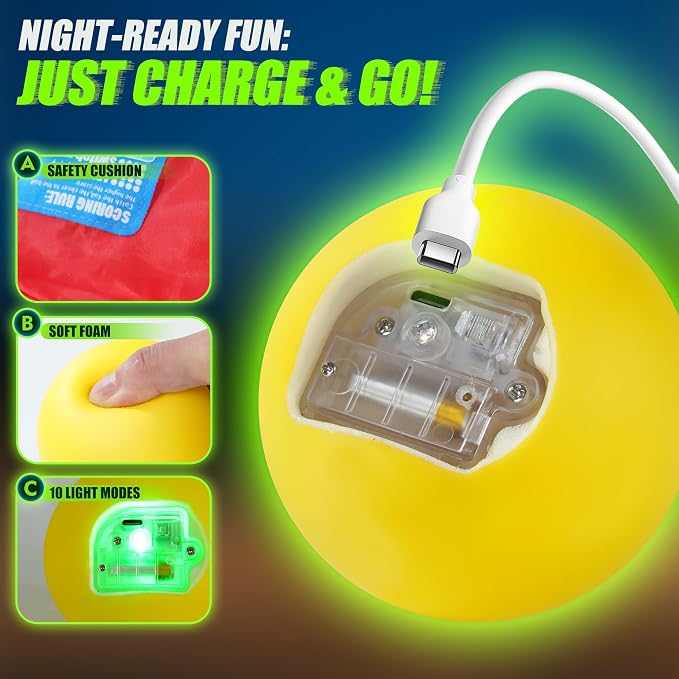 LED Glow Ball for Kids Tail Toys for Outdoor Games | Rechargeable Light Up Foam Ball Toys for Catch & Backyard Night Play - Fun Birthday Gifts for Boys Girls Ages 3 4 5 6 7 8
