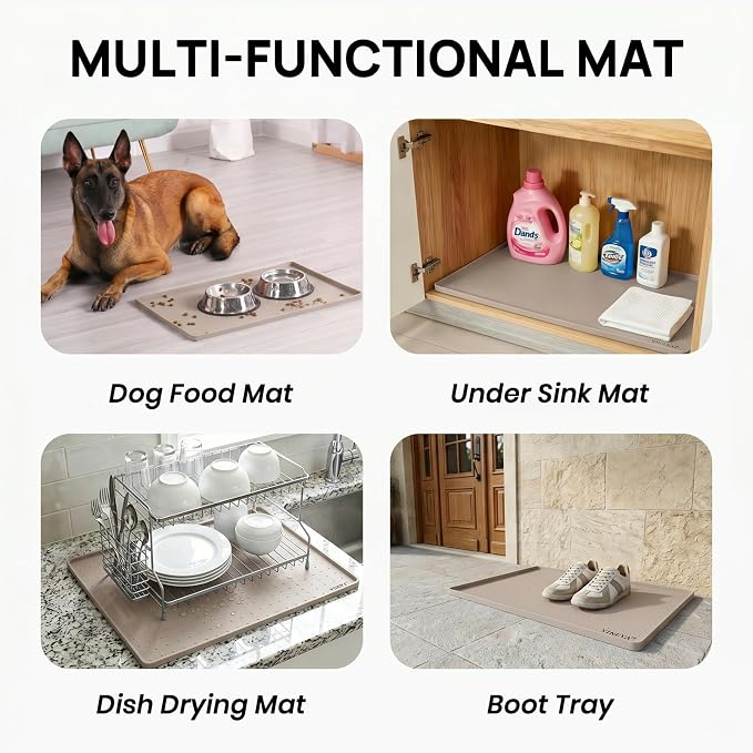 YINEYA Silicone Dog & Cat Food Mat Waterproof 18" x 12", Raised Edge Dog Bowl Mat for Food and Water, BPA-Free Non-Slip Pet Feeding Mats for Floors, Multifunctional Silicone Mat (Taupe)