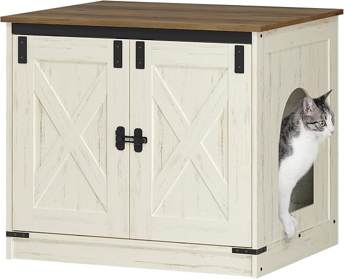 Hzuaneri Cat Litter Box Enclosure, Hidden Litter Box Furniture with Removable Dividers, Reversible Entrance Left or Right Side, Cat House, Rustic White and Brown CB84514X