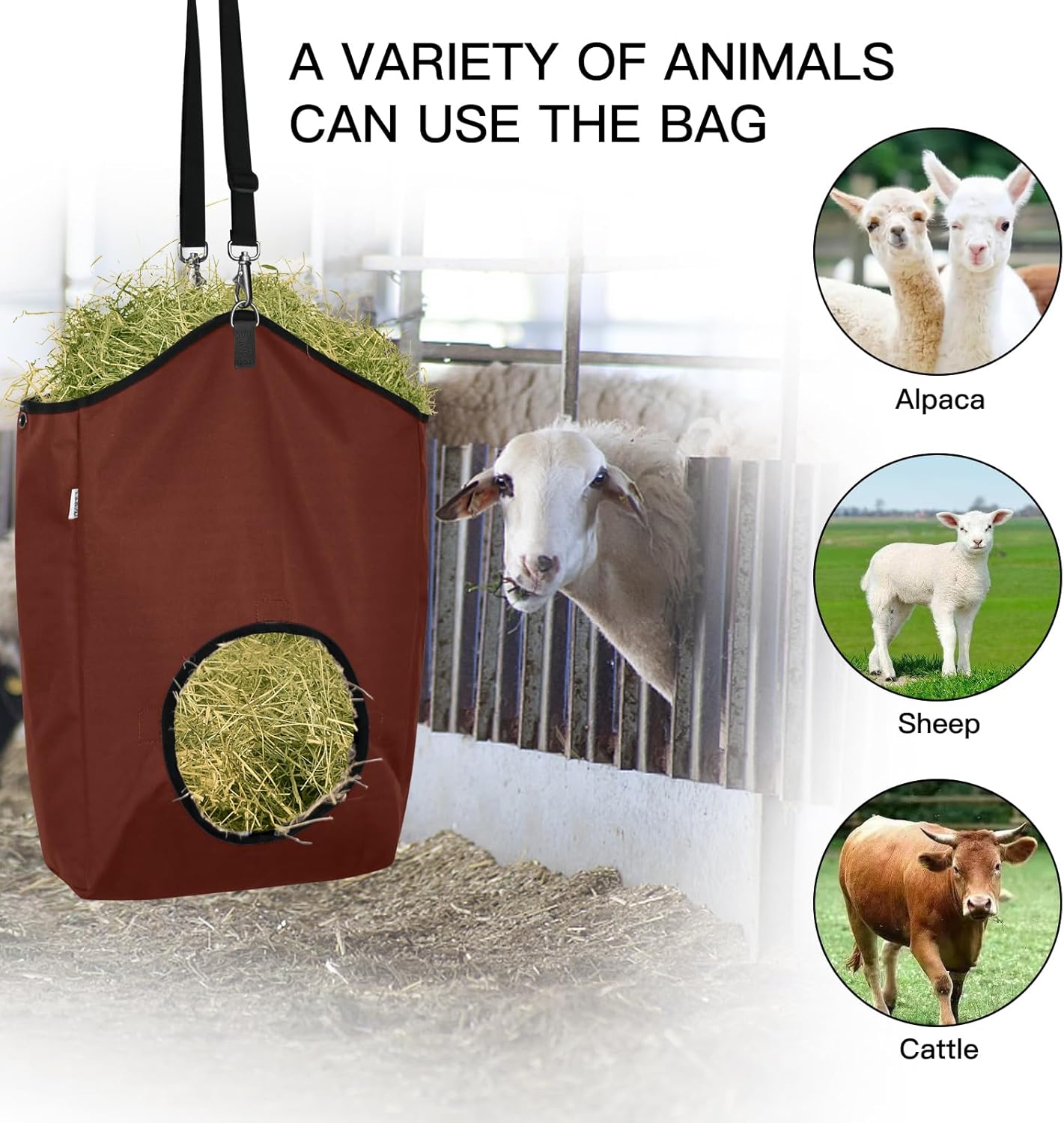 3 Packs Goat Hay Feeder,Hay Bags for Goats,Horses,Sheep,Premium 600D Oxford Cloth,with Metal Fastener and Adjustable Open Feed Hole for Slow Feeding. (2Brown + 1Black)