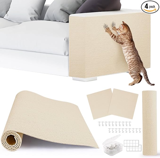 4pack Cat Scratch Couch Furniture and Wall Protector | Adhesive Cat Scratch Pad for Covering Cat Tower, DIY Climbing Cat Scratcher Couch Protector from Cat Claws Scratching (Off-White)