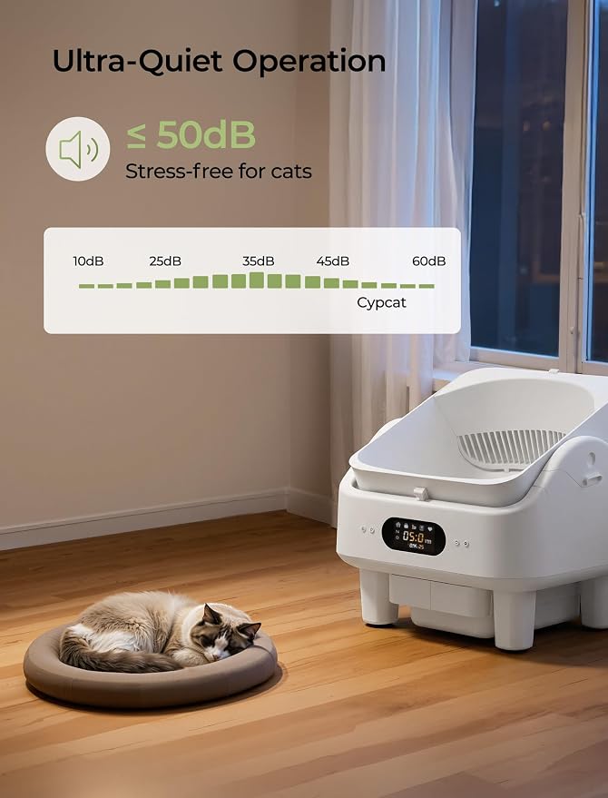 Automatic Litter Box, Cypcat Smart Self Cleaning Cat Litter Box Anti-Pinch, 10 Safety Sensors, Large Cat Litter Boxs for Multiple Cats, 5G & 2.4G WiFi, 6" LED Display, Odor Control Robot, White