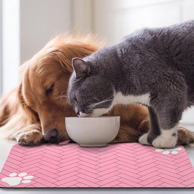 Dog Food Mats,Cat Absorbent Water Bowl Feeding Mats Pet Placemats for Food and Water Pink Wood Grain 17 * 30 inch