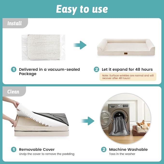 COZY KISS Orthopedic Large Dog Beds, Bolster Pet Couch with Waterproof Lining, Egg Crate Foam Sofa for Pets Up to 65 lbs, U-Shaped, 36x27x6.5 inch, Beige